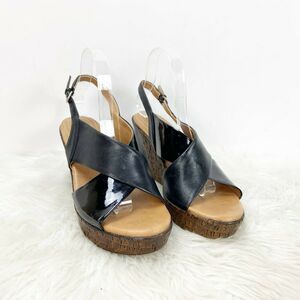 Naturalizer 8.5 M Womens Black Leather Cross Strap Payton Wedged Sandals